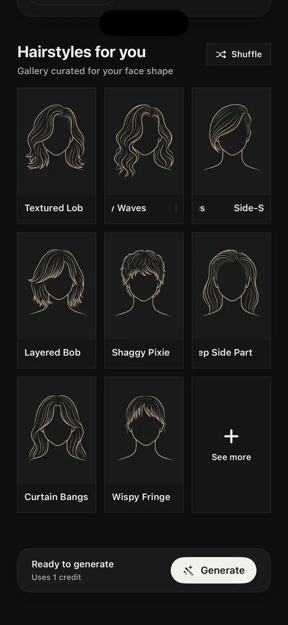 AI-generated hairstyle result with save and share options